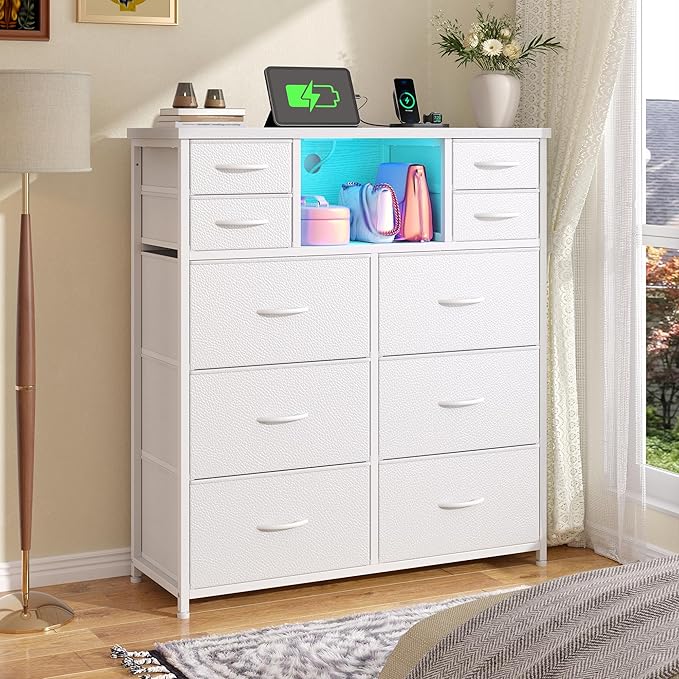 White Dresser for Bedroom with Charging Station and LED and 10 Fabric Drawers, Sturdy Tall Chest of Drawers with 2 Open Storage Shelves Storage Tower for Closet, Hallway