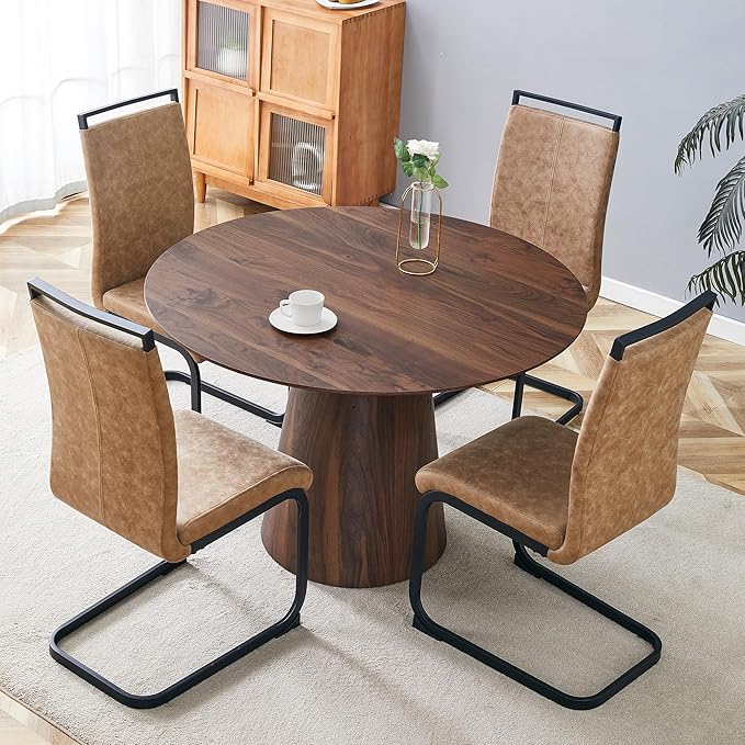 45 Inch Round Dining Table Set for 4, 5 Piece Kitchen Table and Chairs Set, Wooden Table with Walnut Finish, Small Space Dining Set for Apartment or Dining Room