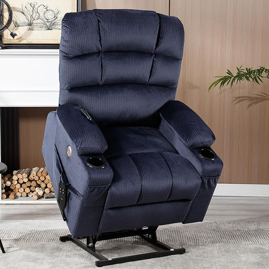 Power Lift Chair with Vibration Massage Heat for Elderly People, Dual Motor Electric Lay Flat Recliner Chair with Dual Cup Holders, Standing Assistance Reclining, Chenille Fabric Blue