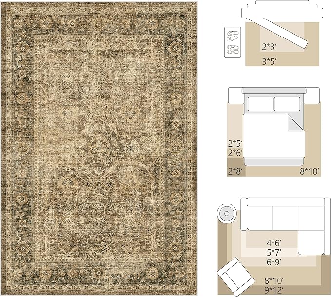 FMFUNCTEX 3x5 Washable Area Rug Brown Vintage Neutral Non Slip Low Pile Traditional Retro Indoor Carpet for Entryway Entrance Soft Floral Throw Rug Living Room Bedroom Kitchen Dining Office Laundry