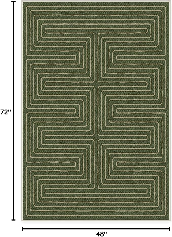 RUGGABLE x Jonathan Adler Machine Washable Modern Area Rug – Labyrinth Fern Green 4x6, Stain-Resistant, Non-Slip – Medium Rugs for Living Room, Bedroom, Hallway, Entryway & Office–with Standard Pad