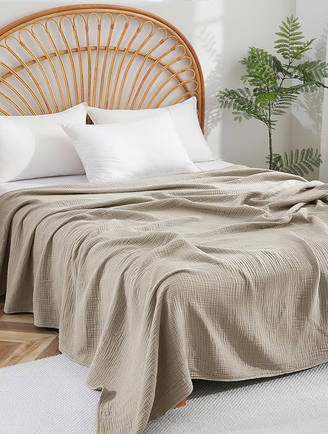 100% Cotton Muslin Twin XL Blanket (66" x 90") – A Luxuriously Soft, 4-Layer Lightweight and Breathable Gauze Blanket, Perfect for Year-Round use on beds, couches (Khaki, Twin XL)