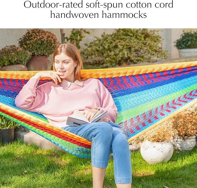PNAEUT Mayan Hammock, Handwoven XL Thick Soft Rope Hammocks for Outdoor Indoor, Max 600 lbs Capacity, Tree Straps & Carabiners Included (Tropical, No Stand)