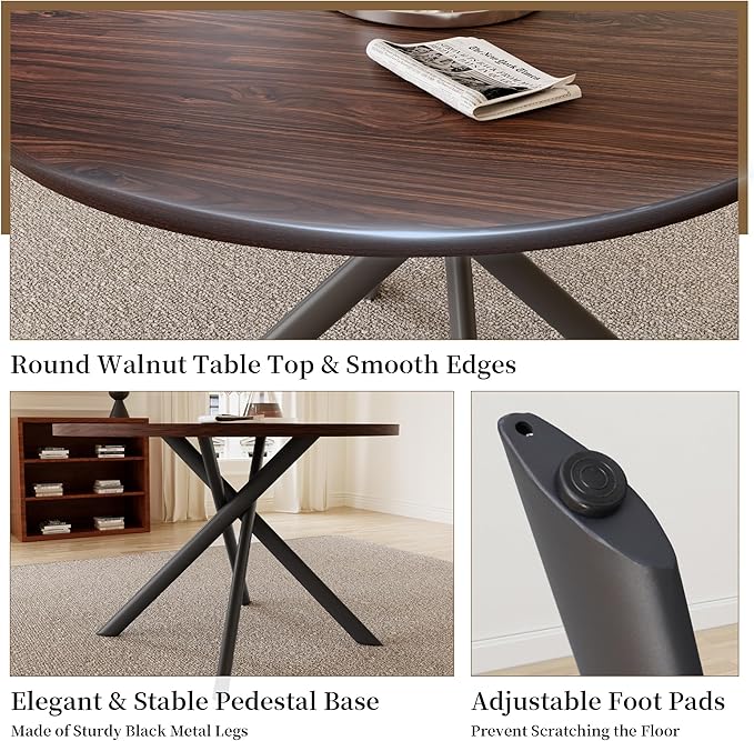 45.3 Inch Round Dining Table Set for 4, Mid Century Modern Small Coffee Set for Dining Room Kitchen Apartment (Walnut Table + 4 U-Shaped Brown Chairs)