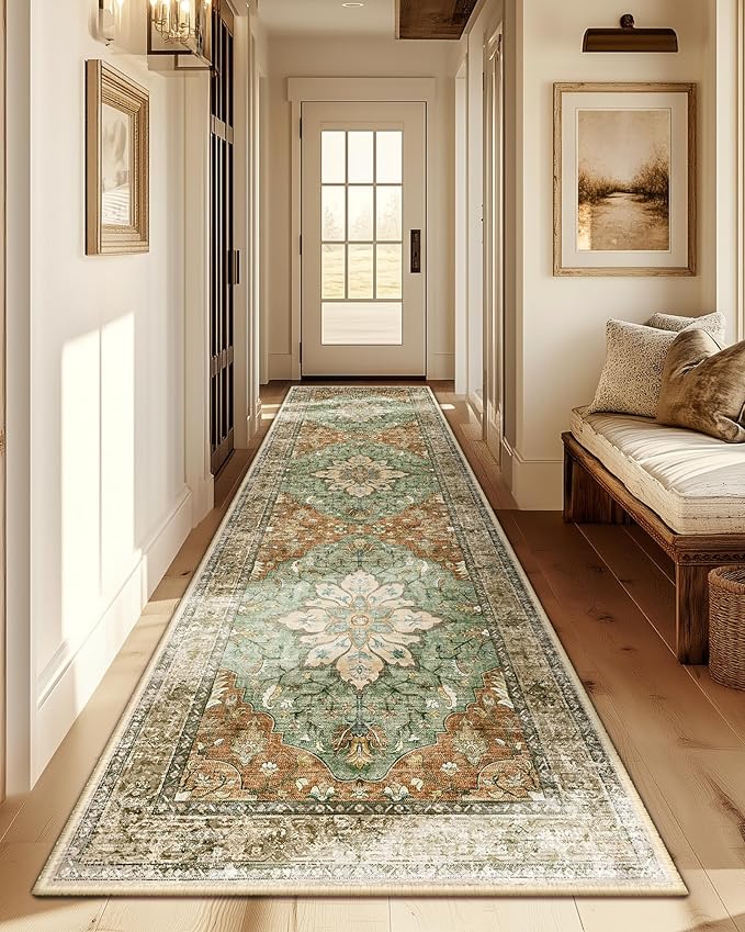 Area Rugs 2'x8' Washable Non-Slip, Floral Vintage Distress Print Pattern Medallion Carpet for Living Room Bedroom Dining Room, Brick Red Rust Neutral Brown Burnt Orange Green