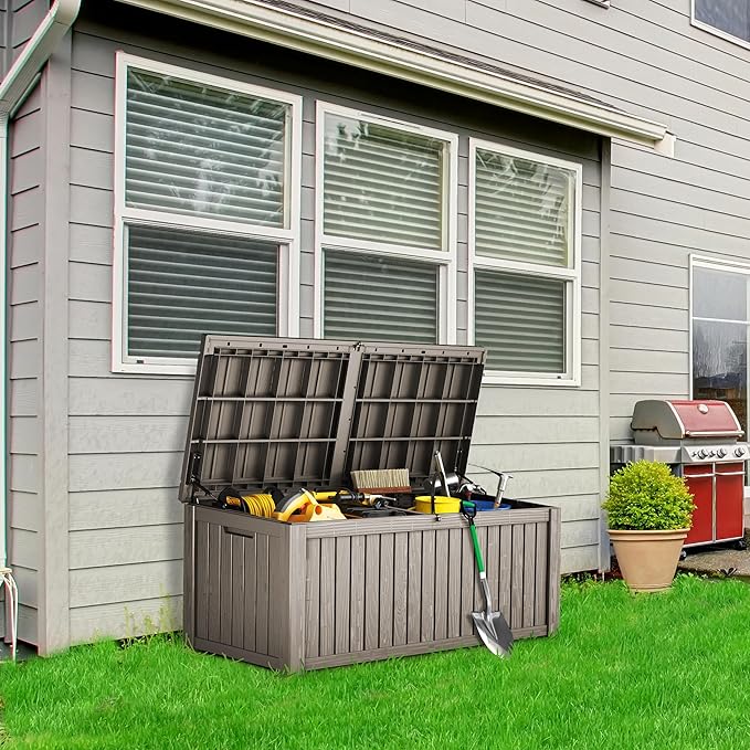 180GAL Brown Versatile Outdoor Deck Box – Waterproof, SGS - Tested UV Protection, Fits Various Storage Needs: Pool Accessories to Gardening Supplies