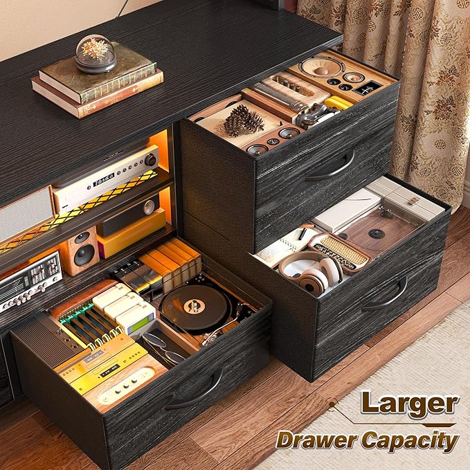 TV Stand for 55 60 inch TV, Large Wall Unit Entertainment Center with LED Lights & Power Outlets, TV Stands for Living Room, Closet, Entryway,13.8" D x 55" W x 61" H, Black