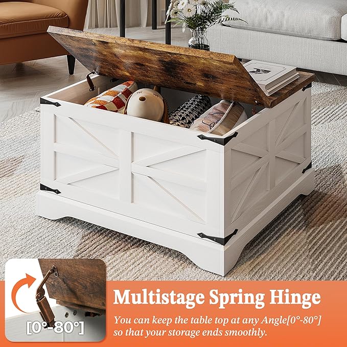 MXV Farmhouse Coffee Table with Storage, Square Coffee Tables for Living Room, Rustic Wood Center Table with Hinged Lifting Tabletop for Home, White