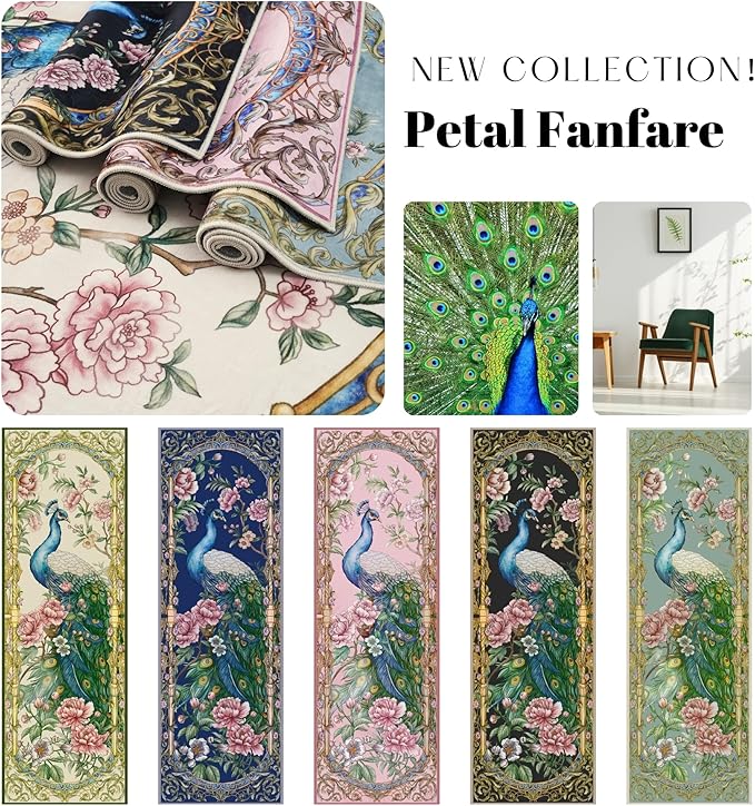 Runner Rug for Kitchen 2'6"x8' Washable Rugs with Rubber Backing Soft Floral Peacock Floral Animal Carpet Runner for Kitchen, Laundry, Bedroom, Bathroom (Black)