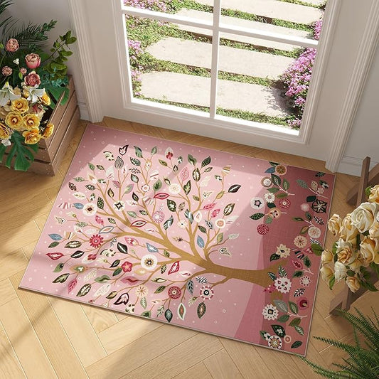 Door Mat Indoor Entrance 2x3 Rug Floral Tree Machine Washable Small Area Rug Bohemian Non-Slip Low Pile Throw Rugs for Entryway, Kitchen, Front Door Indoor Entrance, Entry, Kids Room, Pink