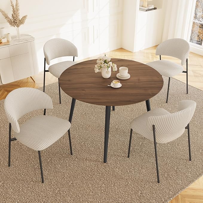 43.3 Inch Round Dining Table Set for 4, Modern Small Kitchen Coffee Set for Dining Room Kitchen Apartment (Walnut Table + 4 White Shell Chairs)