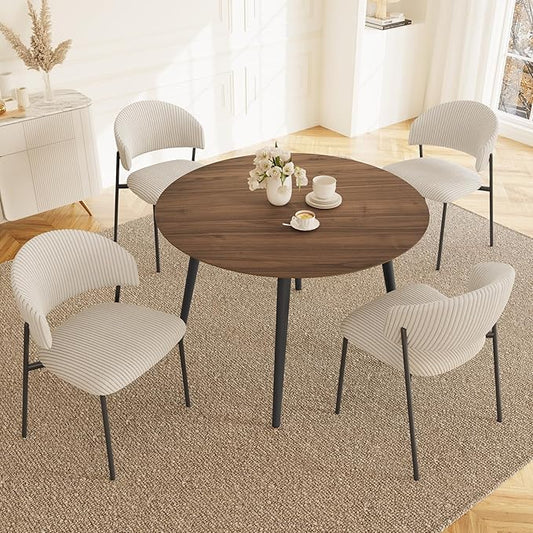 43.3 Inch Round Dining Table Set for 4, Modern Small Kitchen Coffee Set for Dining Room Kitchen Apartment (Walnut Table + 4 White Shell Chairs)