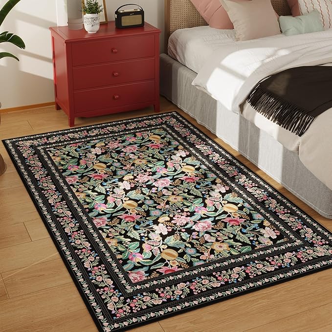 Area Rug 4x6 Rug Washable Vintage Floral Rugs Non Slip Low Pile Small Carpet for Bedroom, Bedside, Kids Room, Office, Dining Room, Black