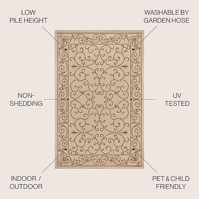 JONATHAN Y SMB106A-4R Charleston Vintage Filigree Textured Weave Beige/Brown 4' Round Indoor/Outdoor Area Rug, Pet Friendly, Non-Shedding, Stain Resistant, Easy-Cleaning for Backyard, Patio, Porch