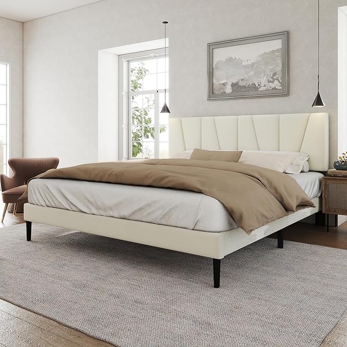 Full Size Bed Frame with Fabric Upholstered Headboard, Platform Bed with Wooden Slats Support, Fully Mattress Foundation, Box Spring Optional, Easy Assembly