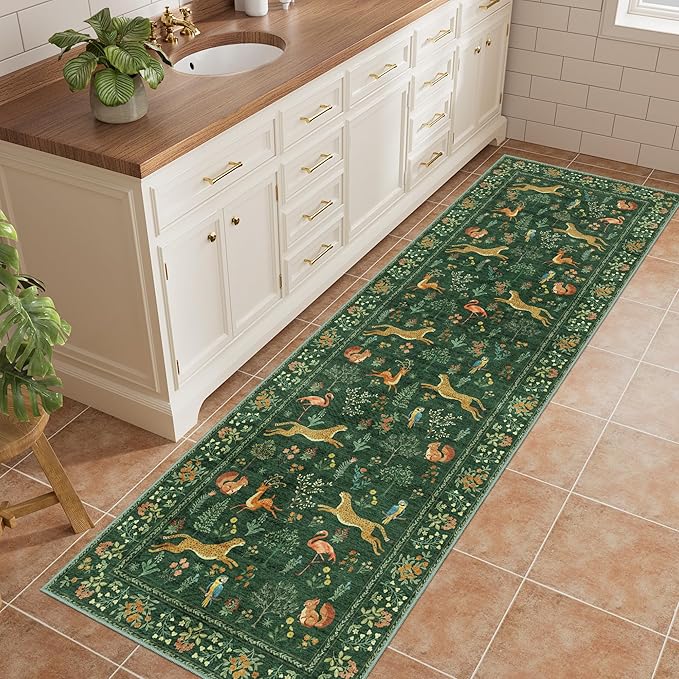 DUKINO 2.6x8 Rug for Hallway, Washable Kitchen Runner Rug with Non Slip Backing, Soft Low Pile Vintage Animal Runner for Bedroom, Kitchen, Hallway, Entryway, Laundry, Green