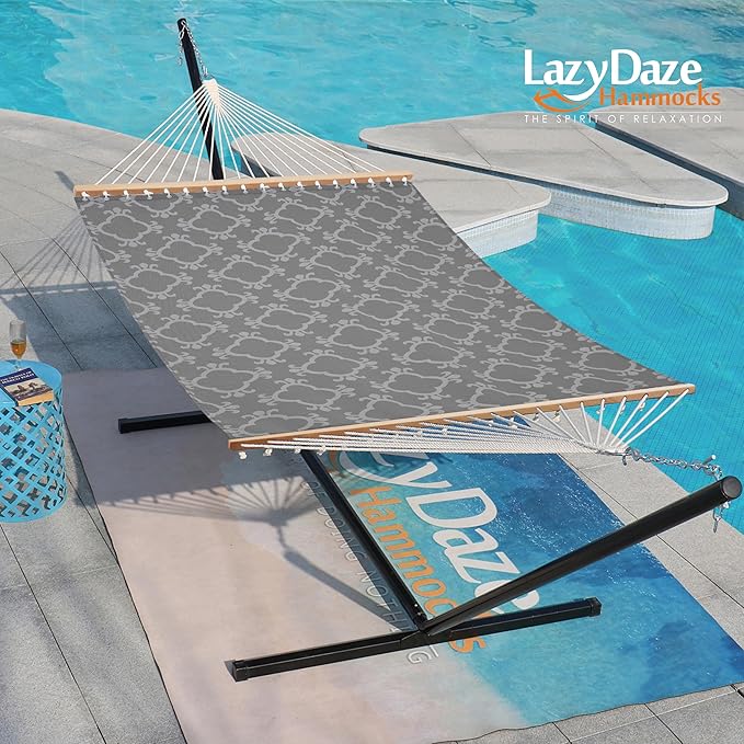 Lazy Daze Hammocks Quick Dry Hammock with Spreader Bar Textliene Fabric Double Outside Hammock with Chains Outdoor Patio Poolside Backyard Beach 450 lbs Capacity, Beige White Stripes
