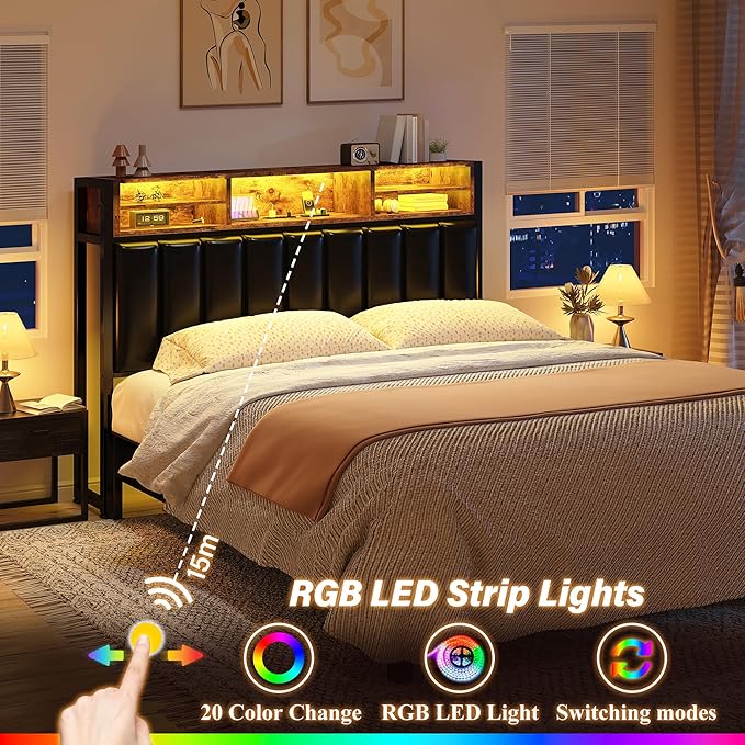 EnHomee Headboard Full Size Bed with Charging Port, Full Size Head Board with LED Light, with Storage Shelf, Headboard Only Upholstered for Bedroom