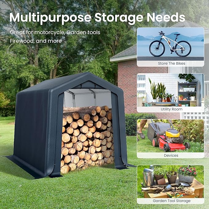 PHI VILLA 6'x10'x7' Outdoor Portable Storage Shelter Shed Garage with 2 Roll up Zipper Doors & Vents Carport for Motorcycle Bike Waterproof and UV Resistant Anti-Snow Portable Garage Kit Tent, Gray
