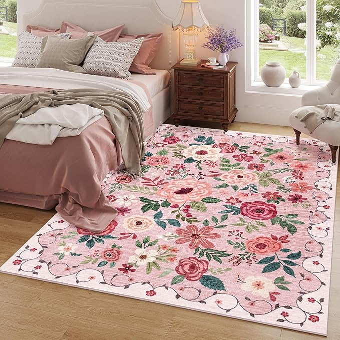DUKINO 4x6 Area Rug, Floral Rugs for Living Room, Lightweight Non Slip Washable Rug, Indoor Low Pile & Non-Shedding Boho Design Rugs for Bedroom, Living Room, Dining Room, Pink