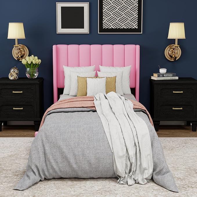Upholstered Platform Twin Size Bed Frame with Headboard Wooden Slats Support No Noise Easy Assembly Pink Velvet