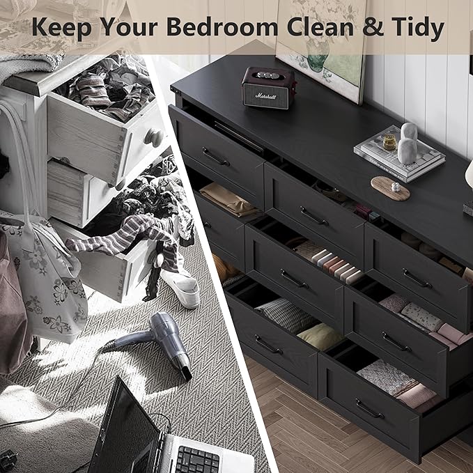 Black Dresser for Bedroom, 59'' Wide Chest of Drawers with Natural Wood Texture, 9 Drawer Dresser for Closet with Metal Handles, Sleek Storage Solution for Living Room, Office, Hallway