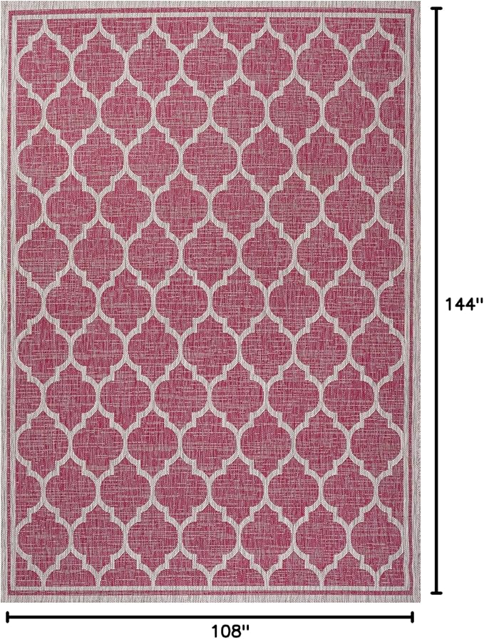 Eyely BMS109H-9 Santa Monica Trebol Moroccan Trellis Textured Weave Indoor/Outdoor Area Rug Coastal;Bohemian, Bedroom, Backyard, Patio, Easy-Cleaning, Non-Shedding, 9 X 12, Fuchsia/Light Gray