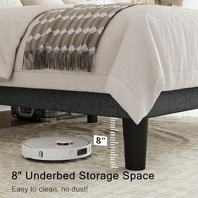 King Size Upholstered Bed Frame with Wingback Headboard, Fabric Linen Platform Bed, 8" Under Bed Storage, Wooden and Metal Slats Support, No Box Spring Needed, Noise Free, Dark Grey