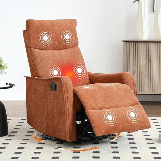 Manual 360° Swivel Rocker Recliner Chair for Adults, Overstuffed Glider Chair for Nursery with Vibration Massage and Heat, Comfy Soft Fabric Glider with Side Pockets for Living Room, Orange