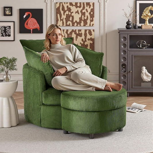 Swivel Accent Chair with Ottoman Comfy Reading Chairs for Bedroom Modern Corduroy Arm Chair 360°Swivel Barrel Chairs for Living Room,Apartment (Green, 1)