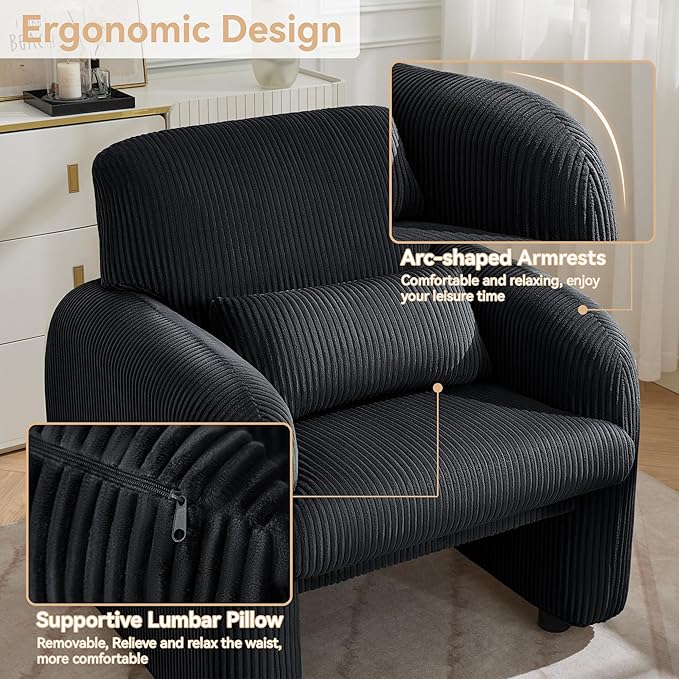 Corduroy Fabric Accent Chairs Set of 2, Modern Upholstered Living Room Chairs with Lumbar Pillow, Wide Comfy Leisure Armchair for Bedroom, Office, Reading, Black