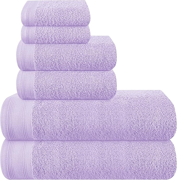 Ultra Soft 6 Pack Cotton Towel Set, Contains 2 Bath Towels 28x55 inch, 2 Hand Towels 16x24 inch & 2 Wash Coths 12x12 inch, Ideal Everyday use, Compact & Lightweight - Purple