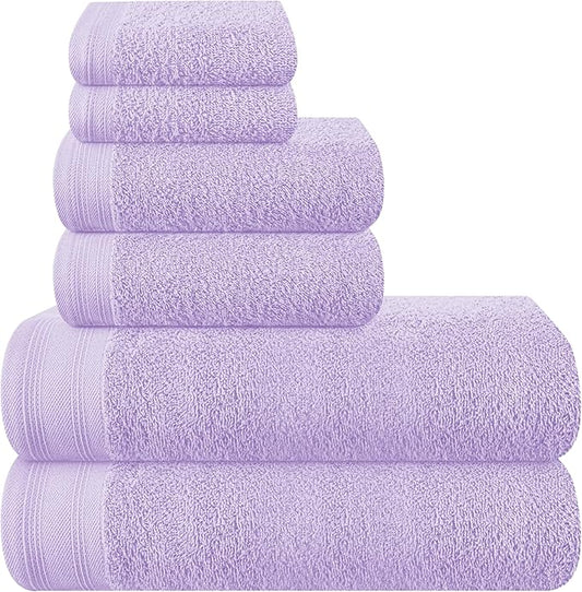 Ultra Soft 6 Pack Cotton Towel Set, Contains 2 Bath Towels 28x55 inch, 2 Hand Towels 16x24 inch & 2 Wash Coths 12x12 inch, Ideal Everyday use, Compact & Lightweight - Purple