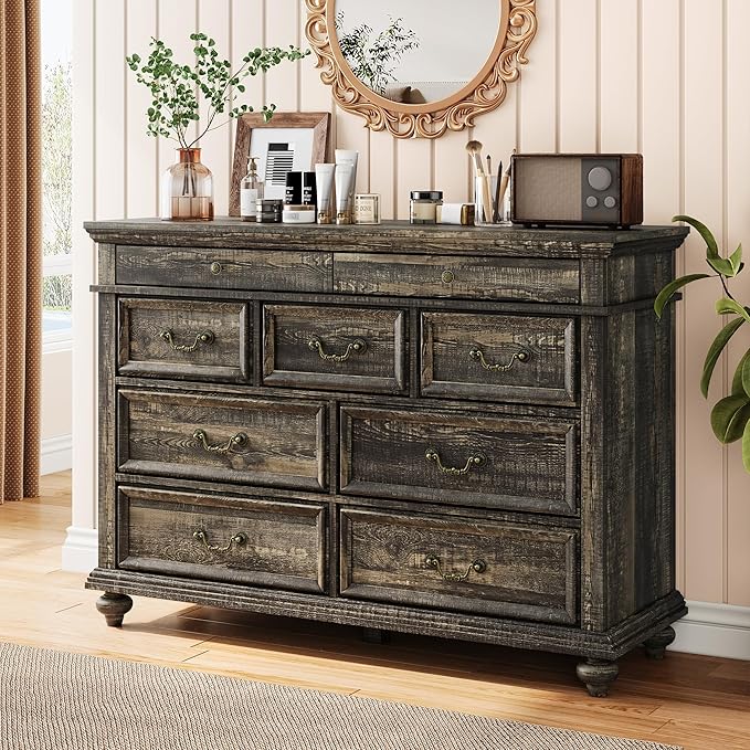 IDEALHOUSE 47" Farmhouse Dresser for Bedroom with 9 Drawers, Rustic Wood Chest with Vintage Metal Handles for Bedroom, Large Storage Organizer for Living Room, Entrance, Dark Oak
