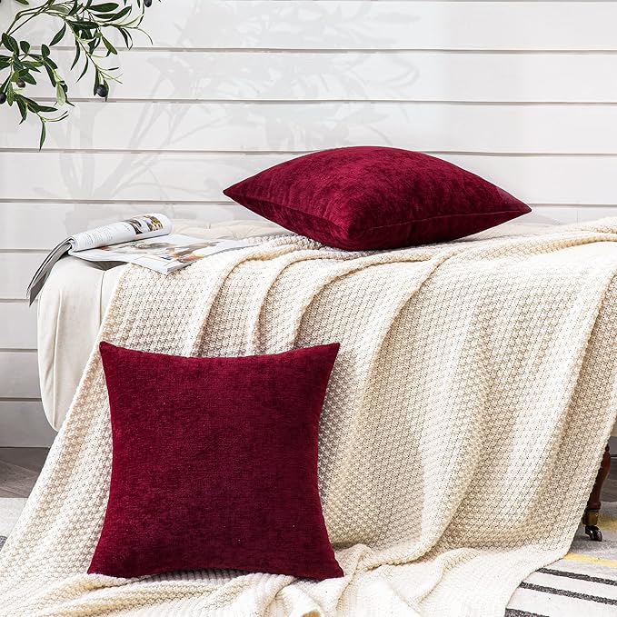 GAWAMAY Decorative Square Throw Pillow Covers 20"x20" Inch Set of 2, Super Soft Chenille Pillows Farmhouse Fall Pillowcase for Living Room Bedroom Sofa Couch Cushion Cover Burgundy Red 50x50cm