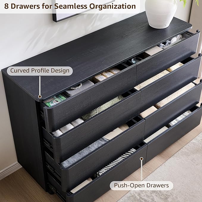 8 Drawer Dresser for Bedroom, 52 Inch Wide Modern Chest of Drawers, Push-to-Open Wood Storgae Organizer with Large Drawers for Bedroom, Living Room, Hallway, Black