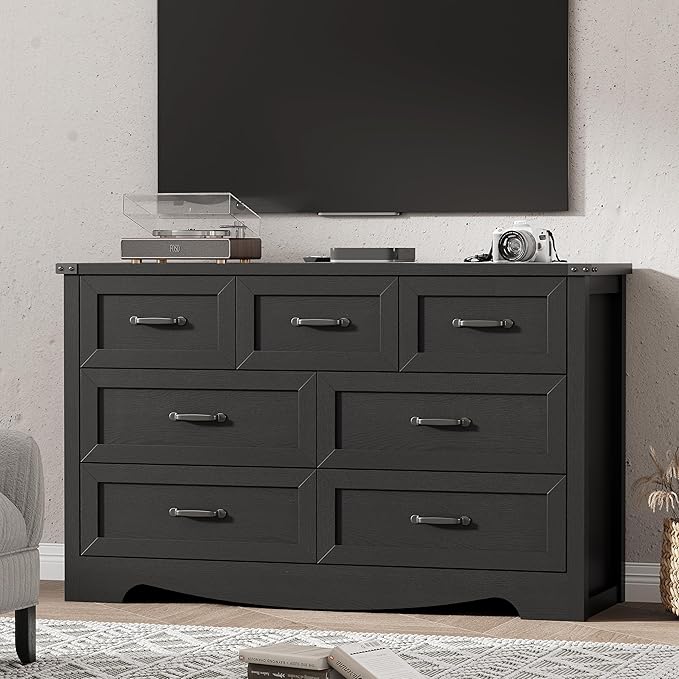 Dresser for Bedroom with 7 Drawers, 48" Wide Wood Chest of Drawers with Deep Drawers & Mental Handle, Modern Dresser TV Stand, Wooden Closet Storage Organizer for Living Room, Hallway, Entryway, Black