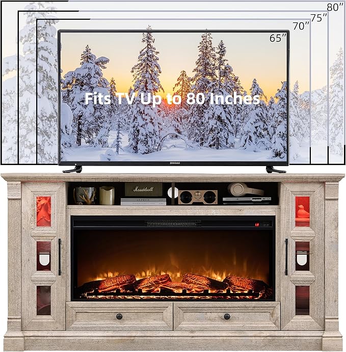OKD Fireplace TV Stand for up-to-80 TV, Farmhouse 36" Tall Entertainment Center with 42" Electric Fireplace, Media Console with Glass Door Cabinets & Drawers for Living Room, Light Rustic Oak