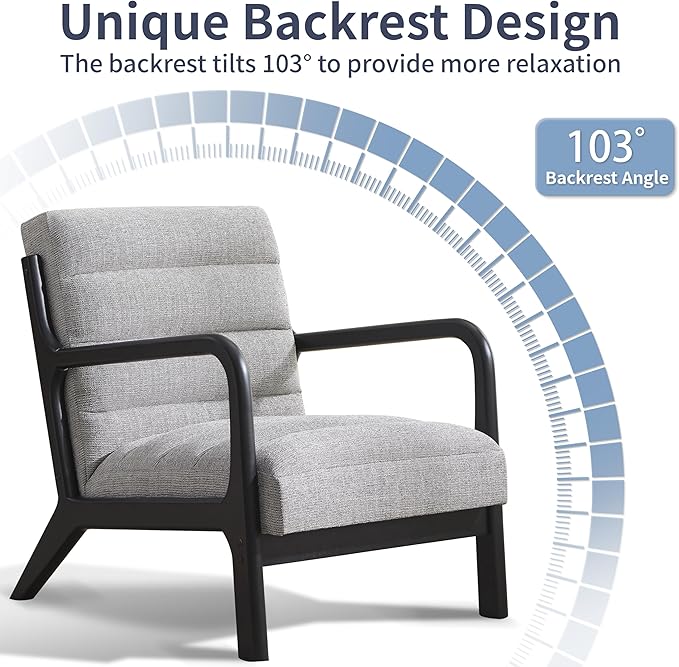 VKNOW Accent Chair with RubberWood Frame, Mid-Century Modern Upholstered Reading Armchair, High Back Lounge Armchair Living Room Chair for Bedroom Reading Room, Grey