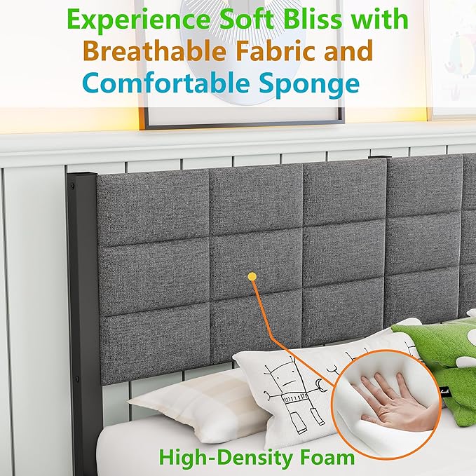 Full Bed Frame with Headboard,Metal Platform Bed Frame Full Size,Upholstered Bed Frames Full No Box Spring Needed/Under Bed Storage/Easy Assembly,Metal Slats Support/Noise Free,Grey