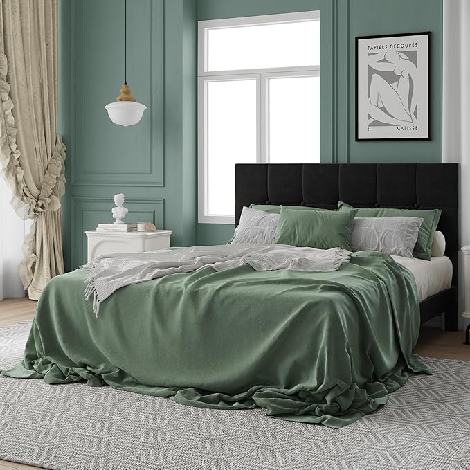 Queen Size Bed Frame, Queen Size Platform Bed Frame with Headboard, Upholstered Headboard, Sturdy Wooden Slats, Noiseless No Box Spring Required, Easy to Assemble, Black