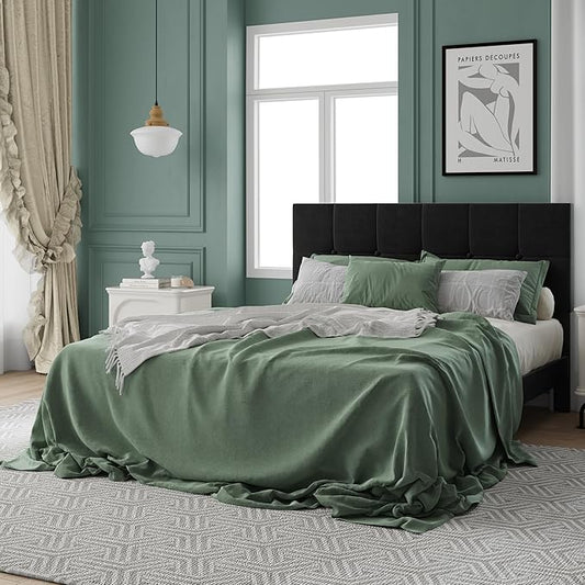 Queen Size Bed Frame, Queen Size Platform Bed Frame with Headboard, Upholstered Headboard, Sturdy Wooden Slats, Noiseless No Box Spring Required, Easy to Assemble, Black