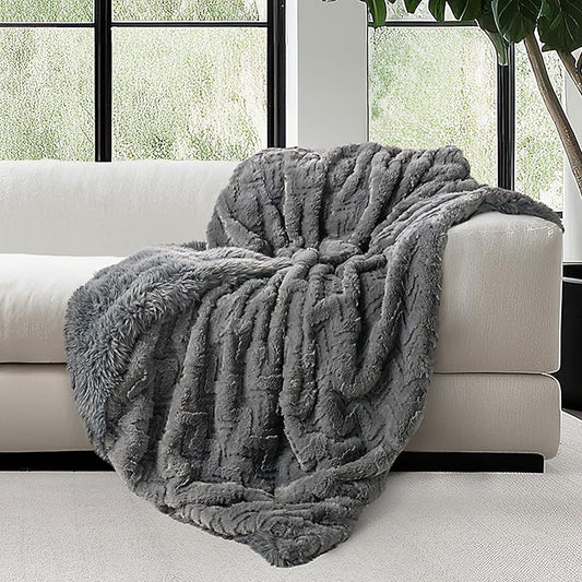 Mon Chateau Grey 3D Jacquard Faux Fur Throw, Plush Luxury Blanket for Couch, Sofa, or Bed, Soft Reversible Throw Blanket for Sleeping, Home & Room Décor, 60" x 70"