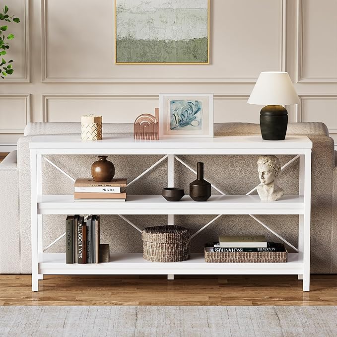 karlott 3-Tier Console Table, 55.1" Entryway Table with Metal Frame and Open Shelves, Modern Behind Couch Sofa Table for Living Room, Hallway, Foyer, Entrance, Industrial, Bookshelf, White