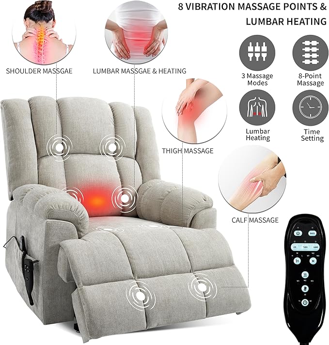 Luxlen Power Lift Recliner Chair for Elderly, Heat Massage Recliners, Dual Motor Oversized Lift Chair, Medium-Firm Electric Lift Recliners with Remote - Creamy
