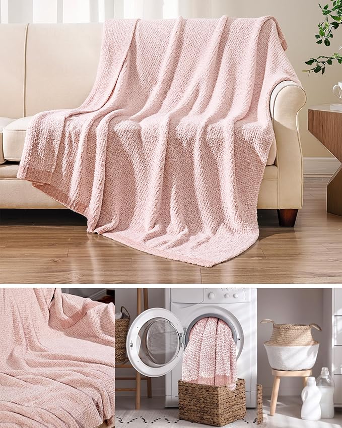 Super Soft Throw Blanket 60 x 80 Inches, Half-Side Plush Fuzzy Blanket for Couch, Sofa, Bed & Chair, Warm Cozy Lightweight Knit Blanket for Fall & Winter, Pink