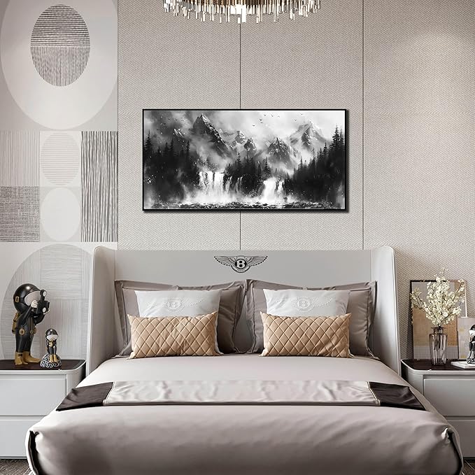 Foggy Forest Wall Art for Living Room - Black and White Art Wall Decor for Office - Framed Artwork for Walls Size 20" x 40"