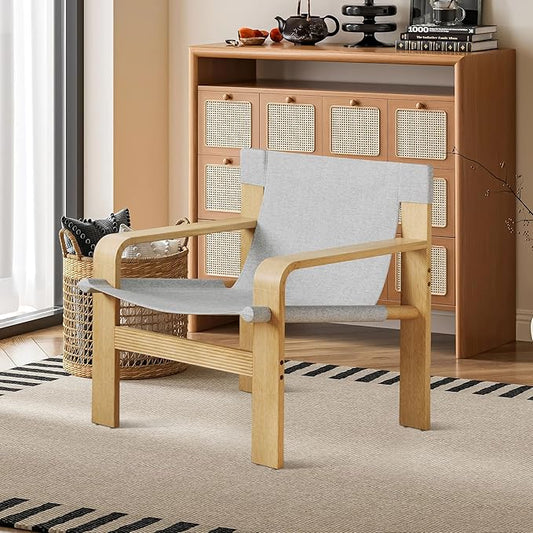 Mid-Century Accent Chair with Wide Armrest & Solid Wood Frame, Detachable and Washable Armchair, Modern Living Room Reading Chairs for Bedroom Sunroom Bedroom Balcony,White