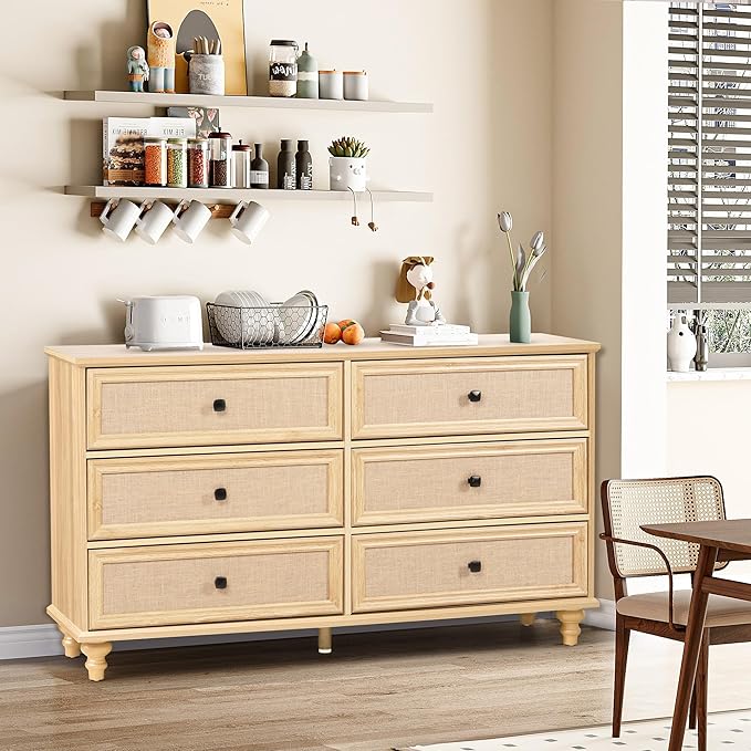 ORRD 6 Drawer Dresser for Bedroom, Mid Century Modern Wide Wood Rustic Chest of Drawers Wooden Storage Organizer Dressers with Burlap Rattan Drawers for Living Room, Hallway Closet, Entryway, Natural