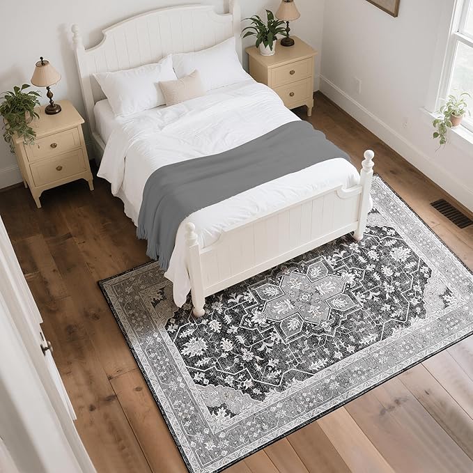 Living Room Rug 6x9 Rug, Machine Washable Area Rug Non Slip Low Pile Vintage Rug for Living Room, Bedroom, Farmhouse, Dining Room, Kids Playroom, Grey